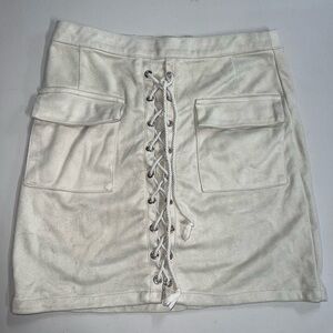 cream off white suede lace up skirt